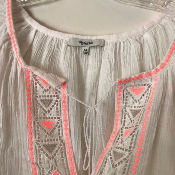 Madewell Boho Tribal White & Neon Embroidered Peasant Blouse Size XS - Picture 7 of 8